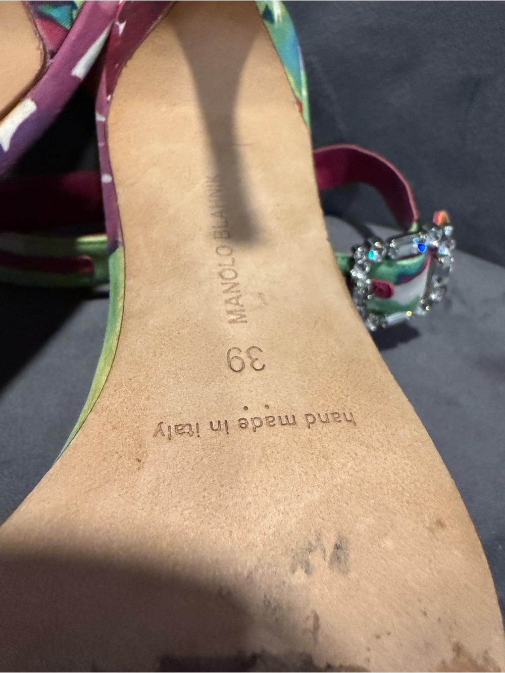 Manolo Blahnik Multicolor Satin Ankle-Strap Sandals with Pink Footbed - Picture 12 of 13